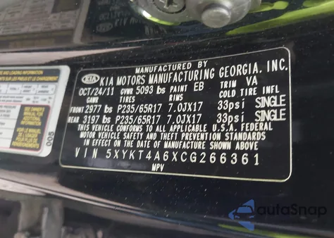 2012 Kia Sorento Lx z USA, uszkodzony, nr VIN 5XYKT4A6XCG266361